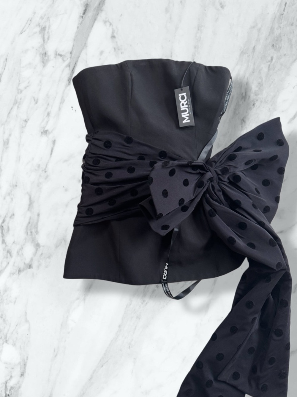 Murci Strapless Black Polka-Dot Bow Bustier Dress